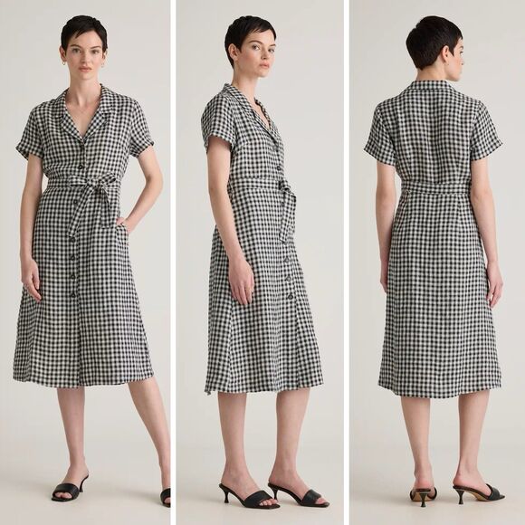 QUINCE 100% European Linen Button Front Dress Khaki Black Gingham L - Picture 1 of 13